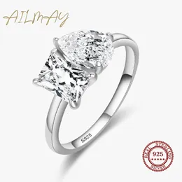 Солитарное кольцо Эльмей подлинное 925 стерлинговое серебряное серебряное квадрат CZ Square и капля кольца для женщин роскошные свадебные аксессуары 230617