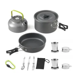 Camp Kitchen Outdoor Pots Pans Camping Cookware Picnic Cooking Set Nonstick Table Seary With Foldble Spoon Fork Knife Kettle Cup 230617