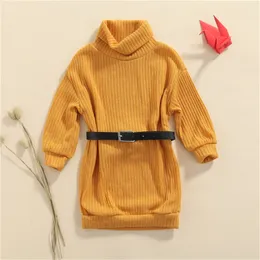 Pullover Kids Casual Dress Baby Girls Solid Color Knitted HighNeck Long Sleeves Loose Skirt with Waist Belt 27 Years 230619