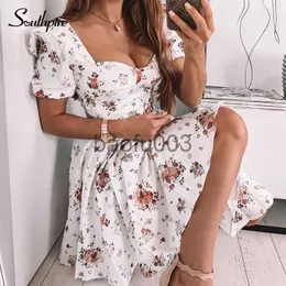 Casual Dresses Southpire Bohe Flower Print White Dresses Women's Short Puff Sleeve Zipper Mini Sundress Elegant Summer Dress Ladies Clothing J230619