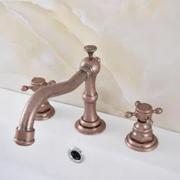 Rubinetti per lavabo da bagno Roma Rosso Rame antico Ottone Deck Mounted Doppi manici Diffuso 3 fori Miscelatore per lavabo Rubinetti per acqua Msf630