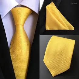 Bow Ties Factory Luxury Men Men's Silk Tie Set Clankkerchief Pure Yellow Stripe Pocket Square Necktie Business Party Hanky ​​Neck