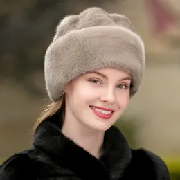 Women's Real Whole Pelt Mink Fur Hat Bowler Hat Warm Cap Ski Beanies Earflap