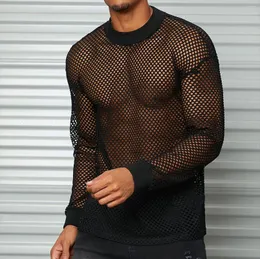 Men's T Shirts Wepbel See-through T-shirt Sexy Nightclub Uniforms Men Cotton Mesh Tshirt Long Sleeve Drop Shoulder Hollow Bottoming Shirt