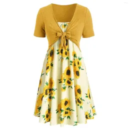 Casual Dresses Bohemian Sunflower Print 2pcs Dress Suits For Women Short Sleeve Bow Knot Bandage Tops And Strappy Mini Vestidos