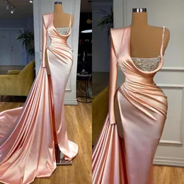 Gorgeous Pink Evening Gown One Shoulder Beads Slit Party Prom Dresses Pleats Sweep Train Formal Long Dress for special occasion