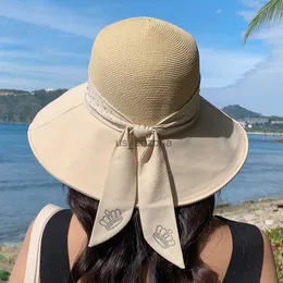 Chapéu de palha da moda verão para mulheres aba larga proteção UV ao ar livre praia senhora viseira com fita de diamante brilhante boné de sol feminino L230620