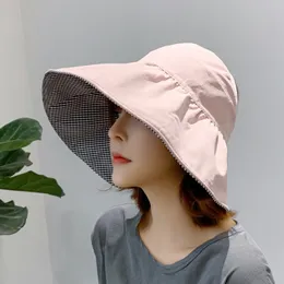 Chapéus de aba larga balde feminino coreano moderno chapéu protetor solar grande proteção UV praia viagem top vazio feminino sol dupla face 230620