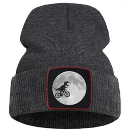 Berets Dinosaur Riding Bike Funny Moon Print Unisex Cap Cartoon Warm Winter Caps Solid Color Simple Knitted Creative Quality