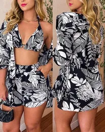 Women's Tracksuits Casual Women's Three Piece 2023 Summer Beach Resort Tropical Print Shirt And Shorts Set Paired With A Bra Top