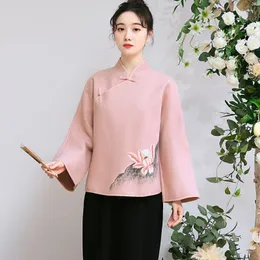 민족 의류 가을 중국 스타일 선 여성 최고의 옷 개선 된 한 푸 레트로 블라우스 인쇄 모직 천 의식