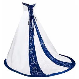 Royal Blue And White A Line Wedding Dress Princess Satin Lace up Back Court Train Long Wedding Gowns