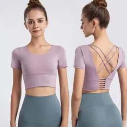 Chemises actives femmes haut de sport dos nu croix à manches courtes mince sensation nue élastique Fitness sous-vêtements Crop tenues de gymnastique