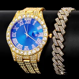 Zegarki mrożone pełne krysztarskie utwardzone bransoletę Damskie nadgarstka luksusowy kryształowy kubański łańcuch gainowy zestaw biżuterii 230613