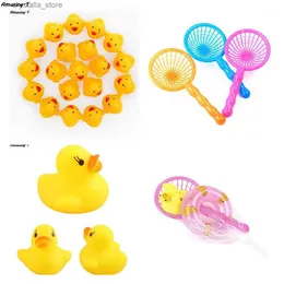 12pcs Baby Bathroom Water Pool Funny Toys for Girls Boys Gifts Fishing Net Swimming Rubber Float Squeaky Sound Duck Bath Toy L230518