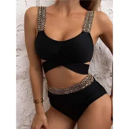 Womens Swimwear Sexy Bikini Set Women Solid Criss Cross Swimsuit Two Pieces Femme Lace Up Tankini Beachwear Bathing Suit 230620