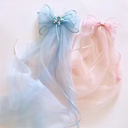 Hair Accessories 8Pcs/Lot In Princess Birthday Party Accessory For Girl Pink/Blue Oversize Bow Hairpin Net Yarn Bowknot Ribbon Clip