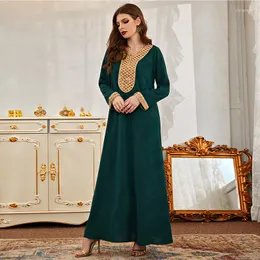 Ethnic Clothing Lates Round Neck Long Sleeve Fashion Green Solid Color Sequins Stitching Muslim Ramadan Robe Women Skirt