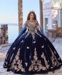 Marinblå sammet prinsessan quinceanera klänningar med Cape Gillter Applique Lace-up Corset Vestidos de 15 Quinceaneras Rojos