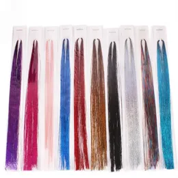 Enfeites de cabelo com brilho brilhante 95 cm fino colorido arco-íris de seda extensões de cabelo deslumbra mulheres hippie para touca trançada