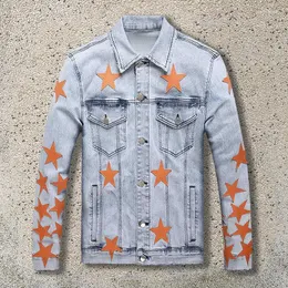 Men's Jackets Full Stitching Leather Star Pattern Jacket For Men Hole Denim Biker Chaqueta Hombre Contrasting Colors