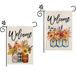 1PC, Fall Welcome Garden Flag Flag Floral wdzięczny dwustronne pionowe rustykalne rustykalne dziedziniec sezonowy dekoracje na świeżym powietrzu 12 x 18 cali/28 x 40 cali bez masztu