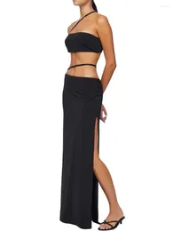 Casual Dresses conunto de 2 piezas para mujer sin tirantes ondulado con estampado rayas punto y falda larga ropa playa