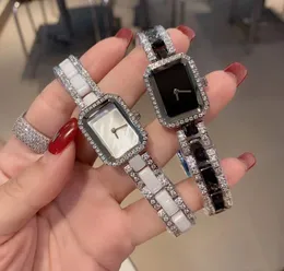 Fashion New Geometric Crystal Rectangle Watches Women Zircon Quartz Wristwatch Boyfriend Clock Female White Mother of pearl Shell Dial Black Ceramic Strap