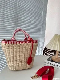 Summer sun beach beach holiday basket bucket bag straw woven leather striped shopping bag refreshing sweet cute artistic design sense practical large capacity