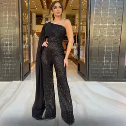 Modern Black Jumpsuit Prom Dresses One Shoulder Sequins Beads Evening Party Gown Straight Outfit Formal Special Ocn Wears