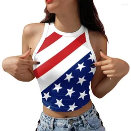 Kvinnors T-skjortor sommaren den 4 juli Crop Top Vest Women Independence Day Flag ärmlös off-the-shoulder Tank Girl Short Camisole Sun-Top2024