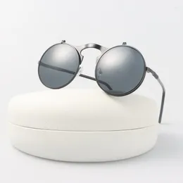 Sunglasses Metal Flip Round Man Woman Brand Designer Vintage Sun Glasses Mirror Fashion Retro Punk Driving