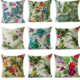 Kissen Tropische Pflanzen Muster Bezug Leinen Blumen Blätter Überwurfbezug für Sofa Heimdekoration Kissenbezüge 45 45 cm