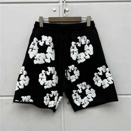 Jeans Black Gray Puff Print Shorts Men Women Drawstring Breeches