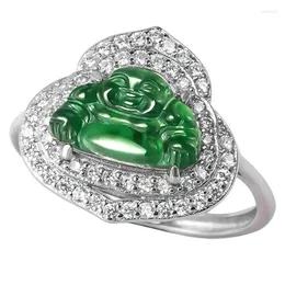 Klaster pierścieni Birmese Jade Buddha Emerald Charm 925 Srebrny szlachetny talizmany jadeite luksusowe biżuterię zielone prawdziwe naturalne prezenty