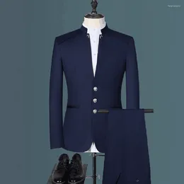 Men's Suits Navy Blue Men 2 Piece Chinese Style Stand Collar Blazer Male Wedding Groom Slim Fit Tuxedo Men's Clothing (Jacket Pants)