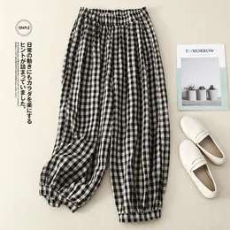 Kvinnors byxor Retro Plaid Kvinnors avslappnade höga midja breda ben Korean Fashion Lady Trouser Pantalones Hippies Bohemio Mujer