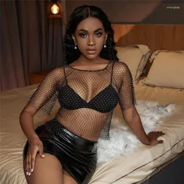 Women's T Shirts 2023 Summer Bling Diamonds Fishnet Plaid Shirt Women Cover Up Bikini Hollow Out Loose Sexy Club Tees Beach Party