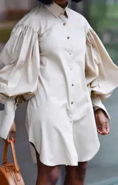 2023カジュアルドレス女性ソリッドカラーシャツドレスロングパフスリーブシングルブレストミニ服