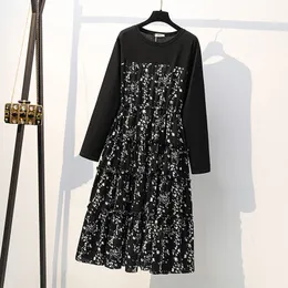 175Kg Plus Size Bust 170cm Women's Spring Autumn Loose O-Neck Long-sleeved Flower Long Dress Black 6XL 7XL 8XL 9XL 10XL