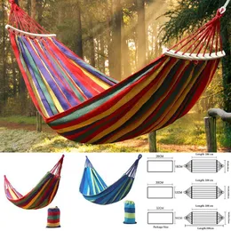 Portaledges Outdoor Canvas Hammock Portable Thedened Anti-Rollover2人ストライプハンモックガーデントラベルキャンプハンギングスイングハンモック230619