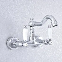 Bathroom Sink Faucets Basin Chrome Brass Wall Mounted Kitchen Faucet Dual Handle Swivel Spout Cold Water Tap