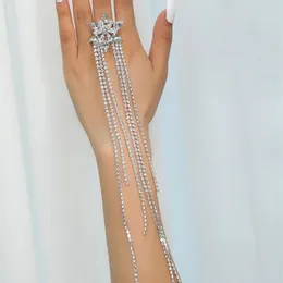 Cluster Rings Rhinestone Super Long Tassel Drop Pendant Flower Party Finger Jewelry For Women Crystal Zircon Open Accessories Gift