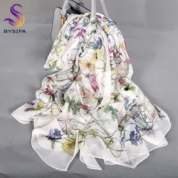 Eşarplar Bysifa Beyaz% 100 İpek Eşarp Moda Çiçek Tasarım Uzun Accanlar Kadın Yaz Utralong Plajı Kış Kırpmaları180*110cm 230619