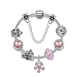 Charm Bracelets 2023 Charms Bracelet With Pink Flower Glass Bead Safety Chain Joias Bangle For Women Gift