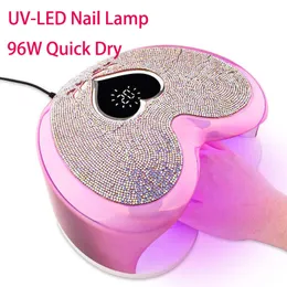 Nail Dryers 96W UV-LED Nail Lamp Professional Heart Shape Gel Polish Cure Lamp Pink Sun Light Nail Drying Manicure Machine With Rhinestone 230619