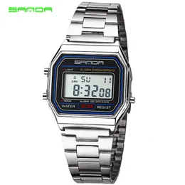 Other Watches SANDA Luxury LED Digital Silver Watches Men Super Thin Sports Men's Stainless Steel Military Waterproof Wristwatches Relojes 230619