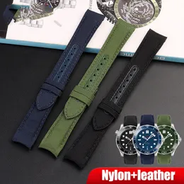 İzle Bantlar 20mm 22mm Naylon Seamaster için Orijinal Deri Kayış 300 Diver Kavisli Uç Erkek Kalite Tuval Değiştirin Watch Band Bilezik 230619