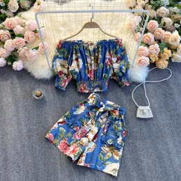 Fatos de Treino Feminino Teeuiear Boho Sexy Ombro Fora Estampa Floral Verão Curto Top Duas Peças Terno Feminino Casual Praia Férias Bandagem