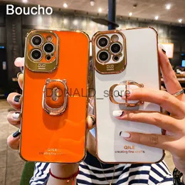 携帯電話のケースBoucho Luxury Electroplating Phone Case for iPhone 14 Plus 13 12 Pro Max 11Pro XS XR X SE 6 7 8 Plus Phone Holder Ring Grip Case J230620